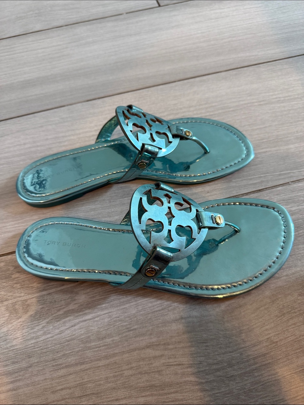 Tory Burch Miller Mirrored Metallic Sandal- Teal Color - Picture 5 of 6